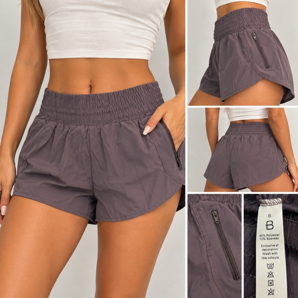 Baleaf Womens Smocked Waist Running Shorts Purple Side Zip Pocket Size Small
